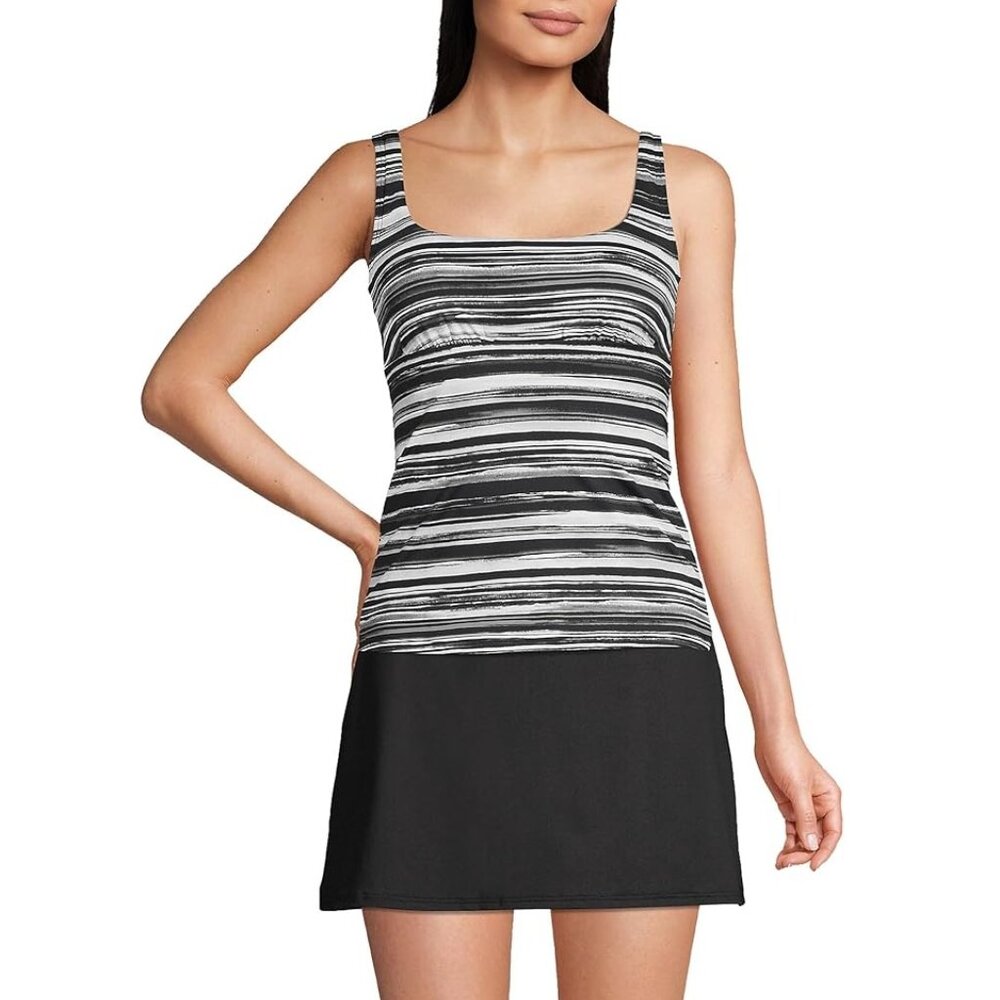 NWT Lands' End Women Underwire Square Neck Tankini Top Blk White Ombre $85 4C692